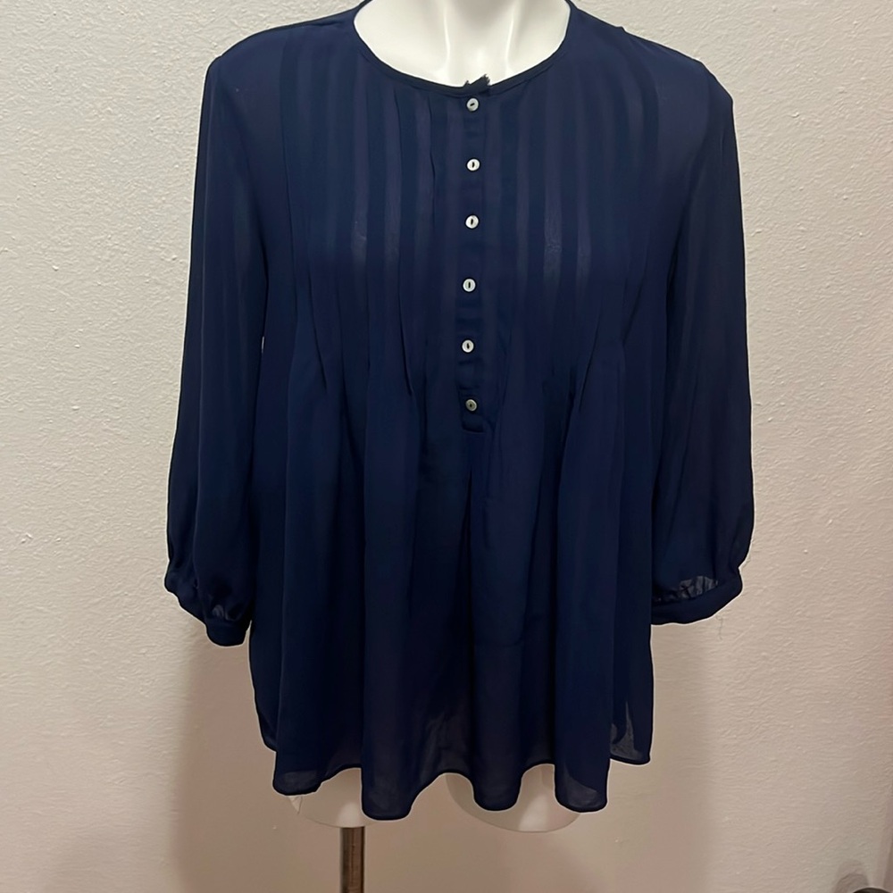 Max Studio Navy Blue Sheer Top Sz M